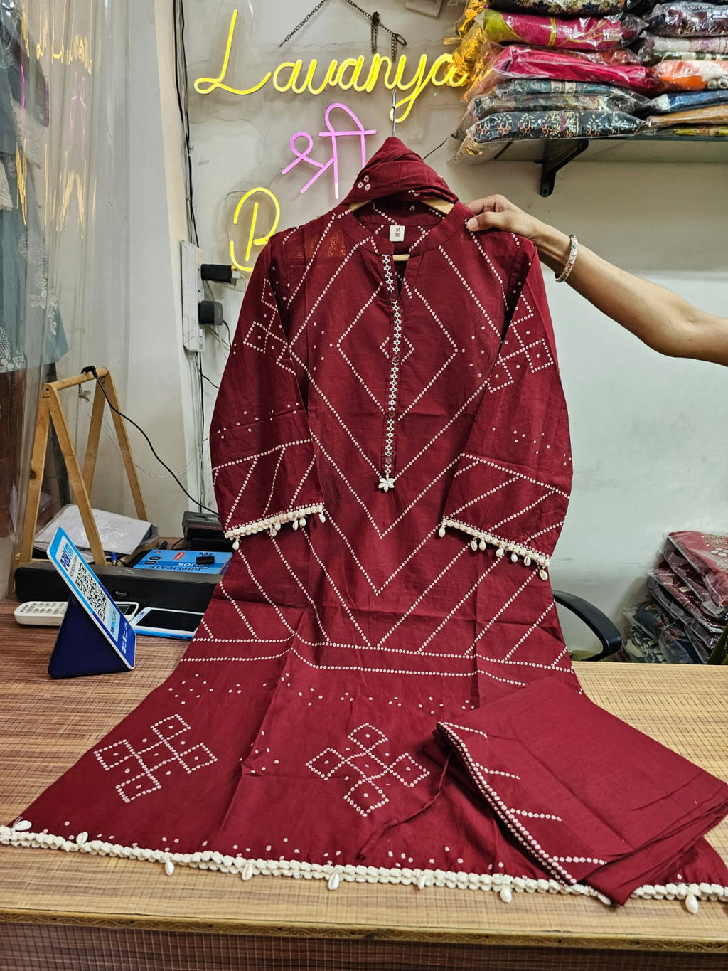 Cotton Bandhani Farshi Salwar Suit with Lace &amp; Shell Work | Matching Mulmul Dupatta | 3-Pcs Set