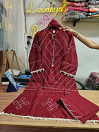 Cotton Bandhani Farshi Salwar Suit with Lace &amp; Shell Work | Matching Mulmul Dupatta | 3-Pcs Set