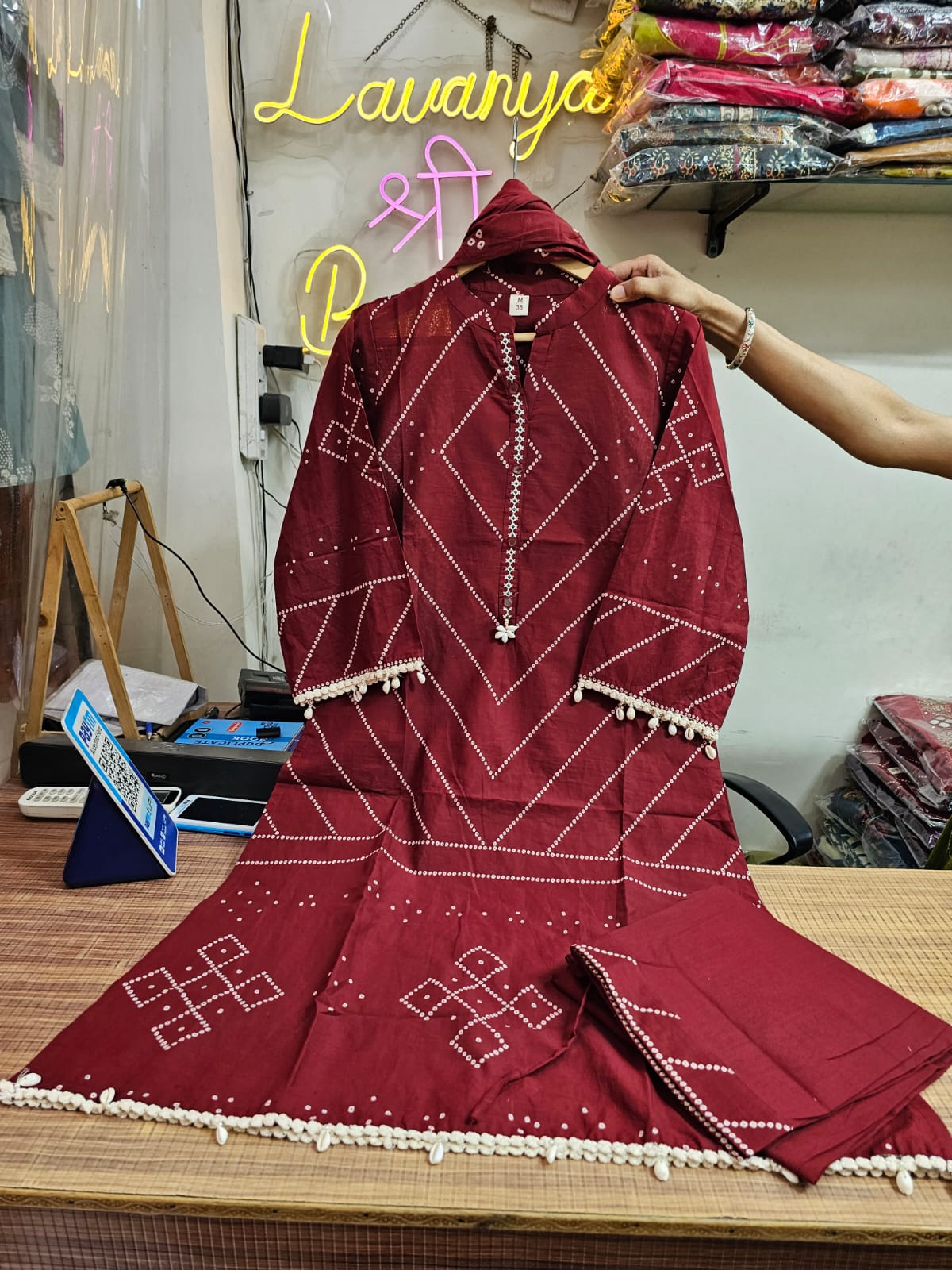 Cotton Bandhani Farshi Salwar Suit with Lace &amp; Shell Work | Matching Mulmul Dupatta | 3-Pcs Set