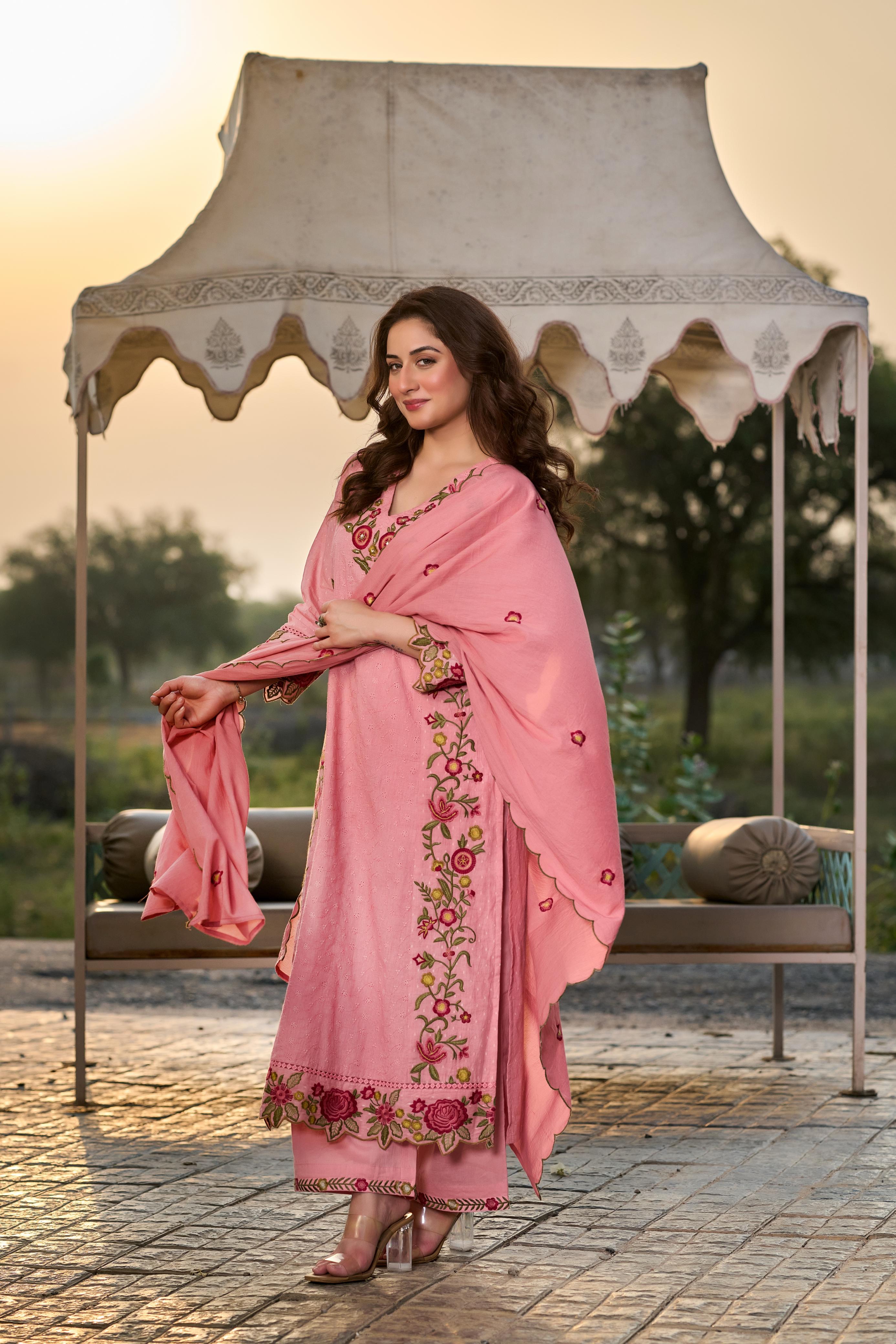 Premium Shiffly Cotton Suit Set with Embroidery & Lace Work | Boutique Collection