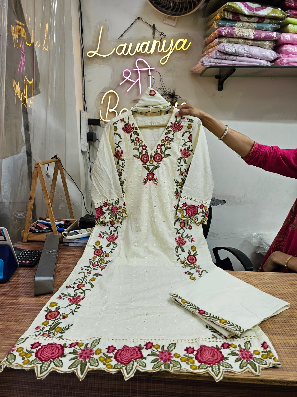 Shiffly Cotton Suit Set with Embroidery & Lace Work | Boutique Collection