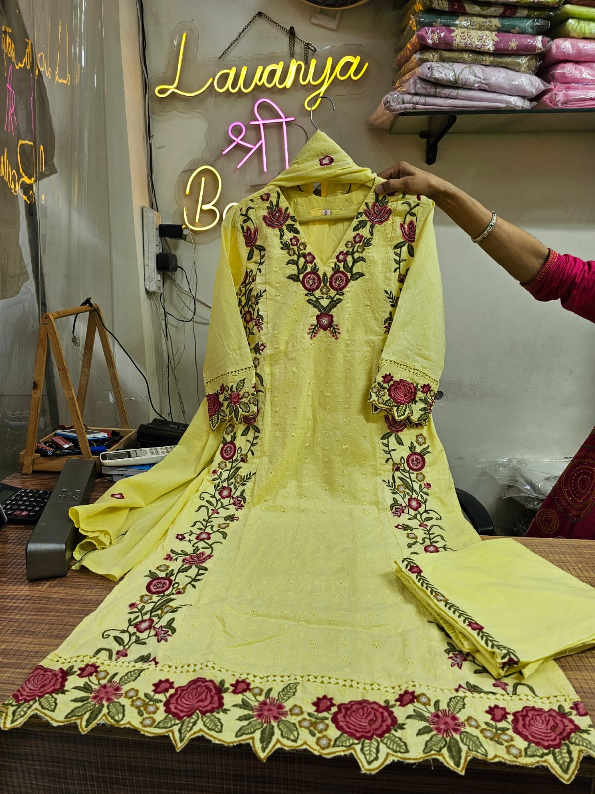 Shiffly Cotton Suit Set with Embroidery & Lace Work | Boutique Collection