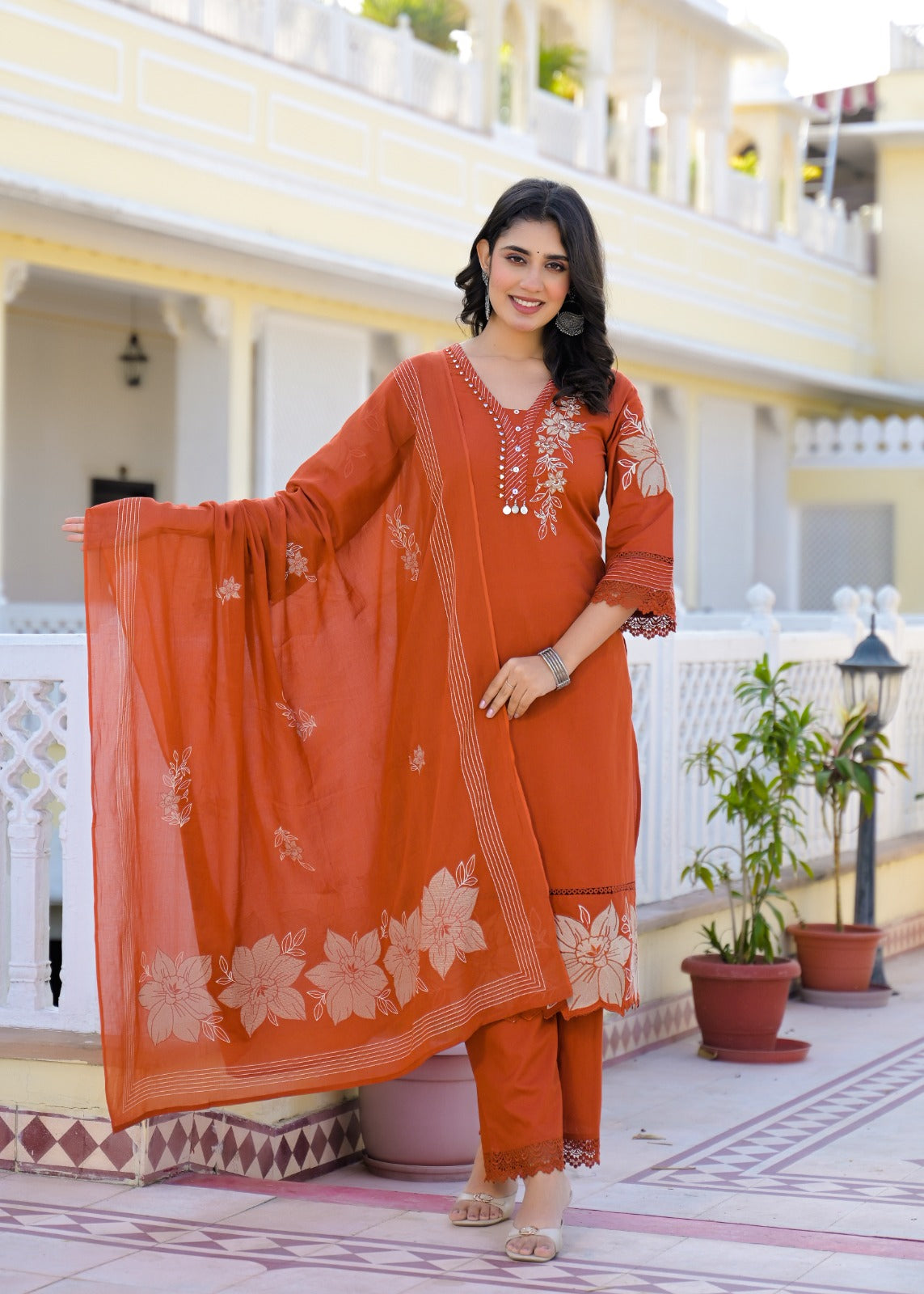Premium Cotton Embroidered Suit Set with Elegant Lace Work