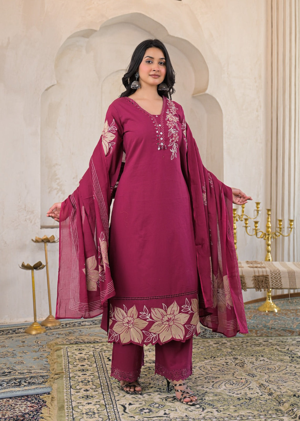Premium Cotton Embroidered Suit Set with Elegant Lace Work