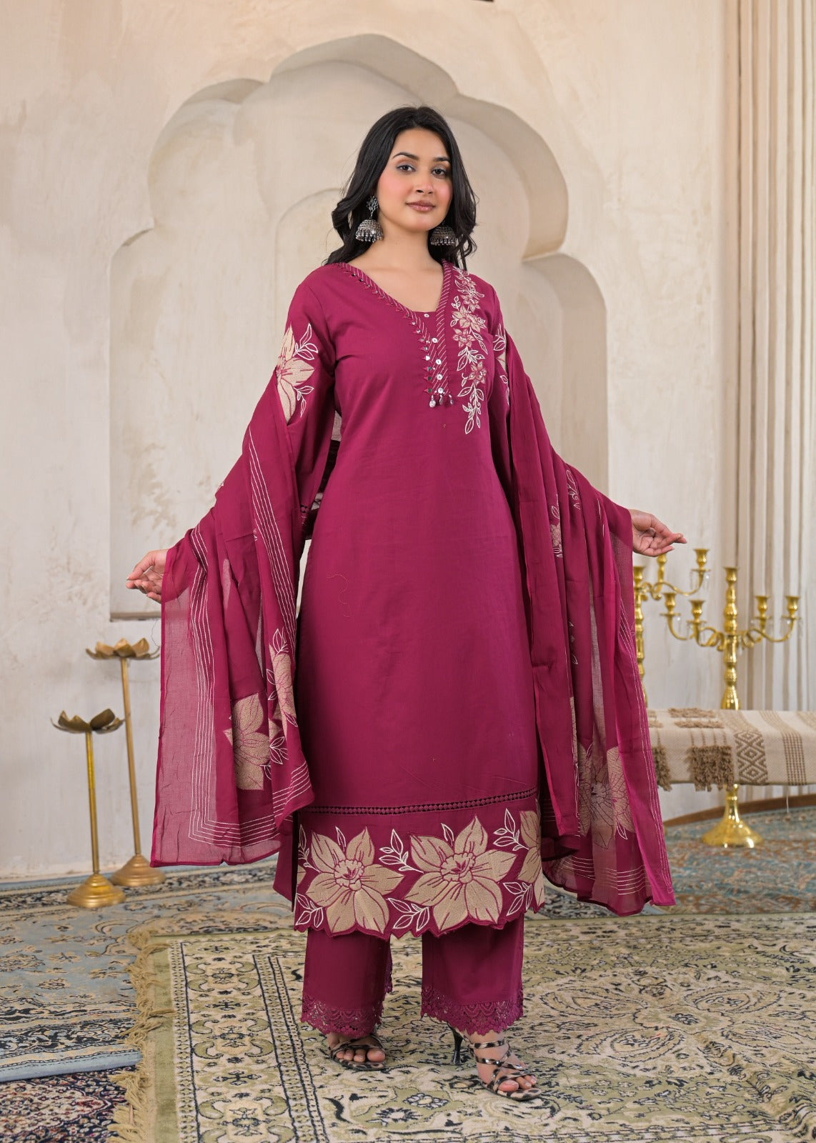 Premium Cotton Embroidered Suit Set with Elegant Lace Work