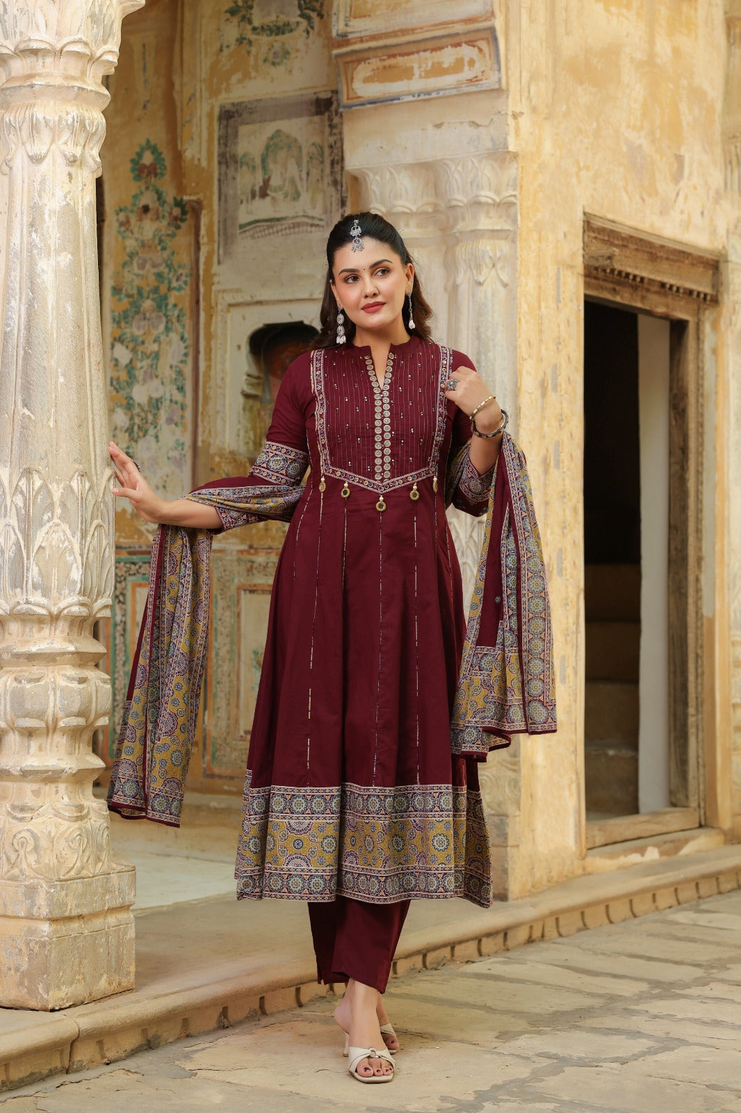 Anarkali Bandhani Suit 3-Pcs | Teej &amp; Rakhi Special | Mirror Work Embroidery