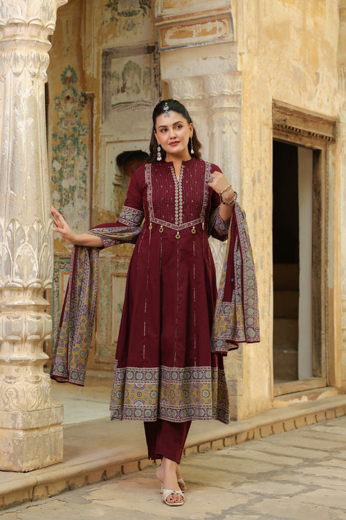 Anarkali Bandhani Suit 3-Pcs | Teej &amp; Rakhi Special | Mirror Work Embroidery