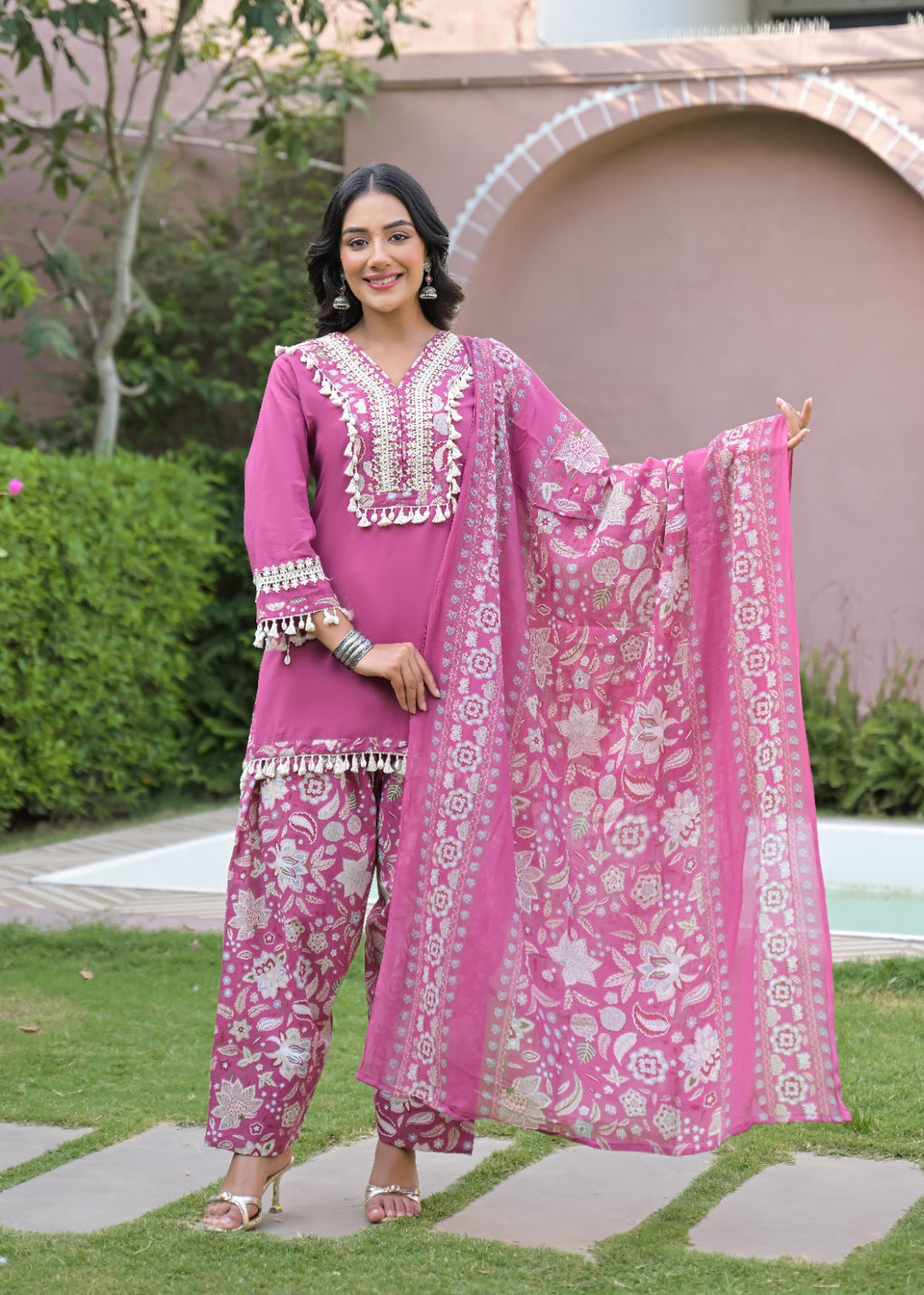 Printed Farshi Salwar Suit with Short Plain Kurta & Matching Dupatta | 3-Pcs Set