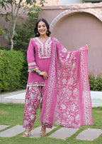 Printed Farshi Salwar Suit with Short Plain Kurta & Matching Dupatta | 3-Pcs Set