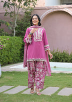 Printed Farshi Salwar Suit with Short Plain Kurta & Matching Dupatta | 3-Pcs Set