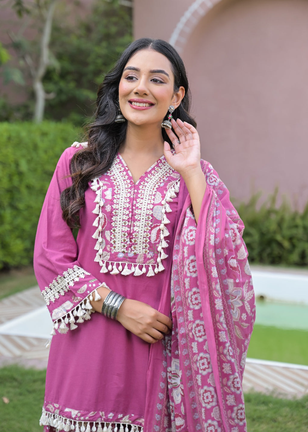 Printed Farshi Salwar Suit with Short Plain Kurta & Matching Dupatta | 3-Pcs Set