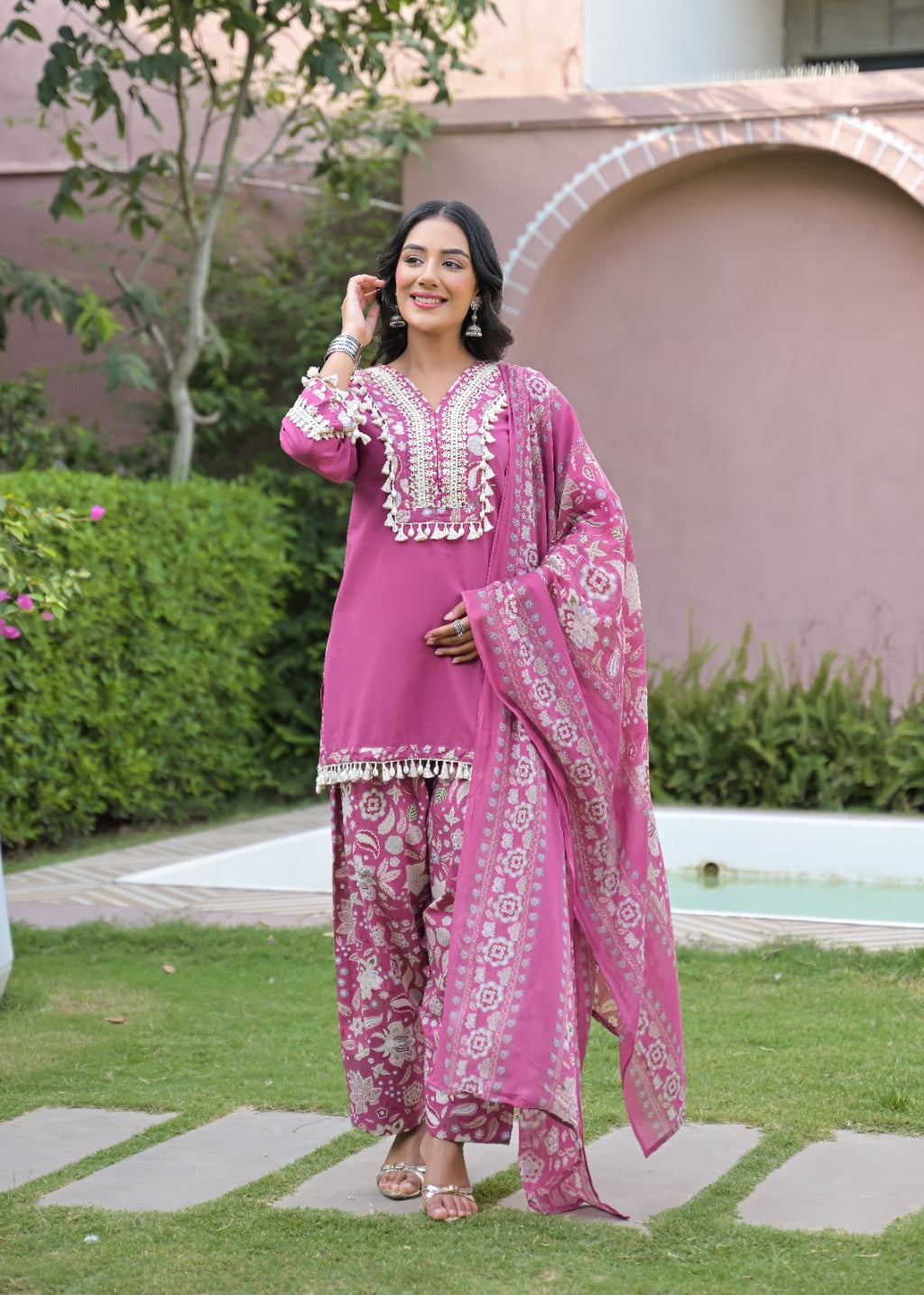 Printed Farshi Salwar Suit with Short Plain Kurta & Matching Dupatta | 3-Pcs Set