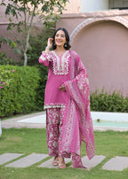 Printed Farshi Salwar Suit with Short Plain Kurta & Matching Dupatta | 3-Pcs Set