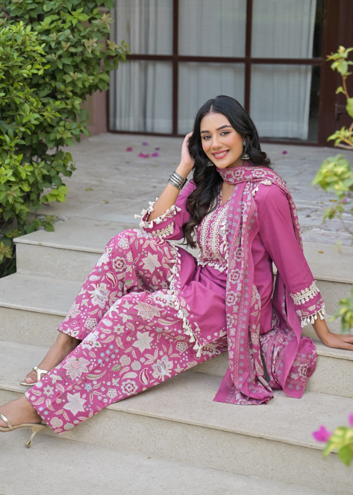 Printed Farshi Salwar Suit with Short Plain Kurta & Matching Dupatta | 3-Pcs Set