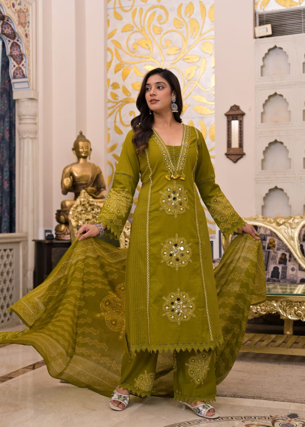 Long Kurta with Palazzo Pant | Mirror Sequin Hand Work & Pintex Detailing | 3-Pcs Suit Set