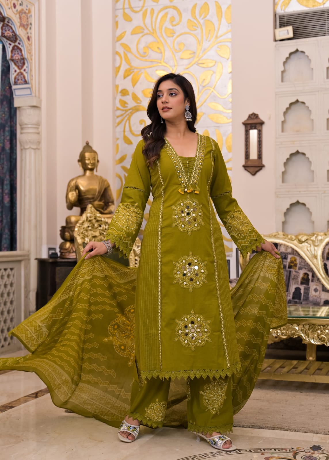 Long Kurta with Palazzo Pant | Mirror Sequin Hand Work & Pintex Detailing | 3-Pcs Suit Set