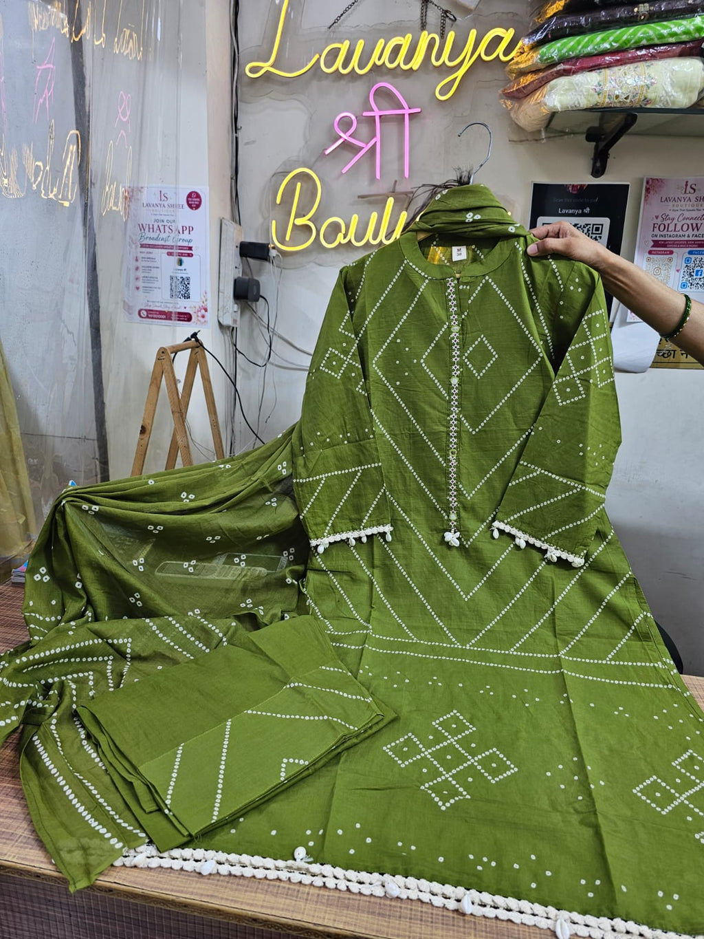 Cotton Bandhani Farshi Salwar Suit with Lace &amp; Shell Work | Matching Mulmul Dupatta | 3-Pcs Set