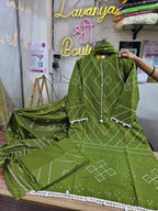 Cotton Bandhani Farshi Salwar Suit with Lace &amp; Shell Work | Matching Mulmul Dupatta | 3-Pcs Set