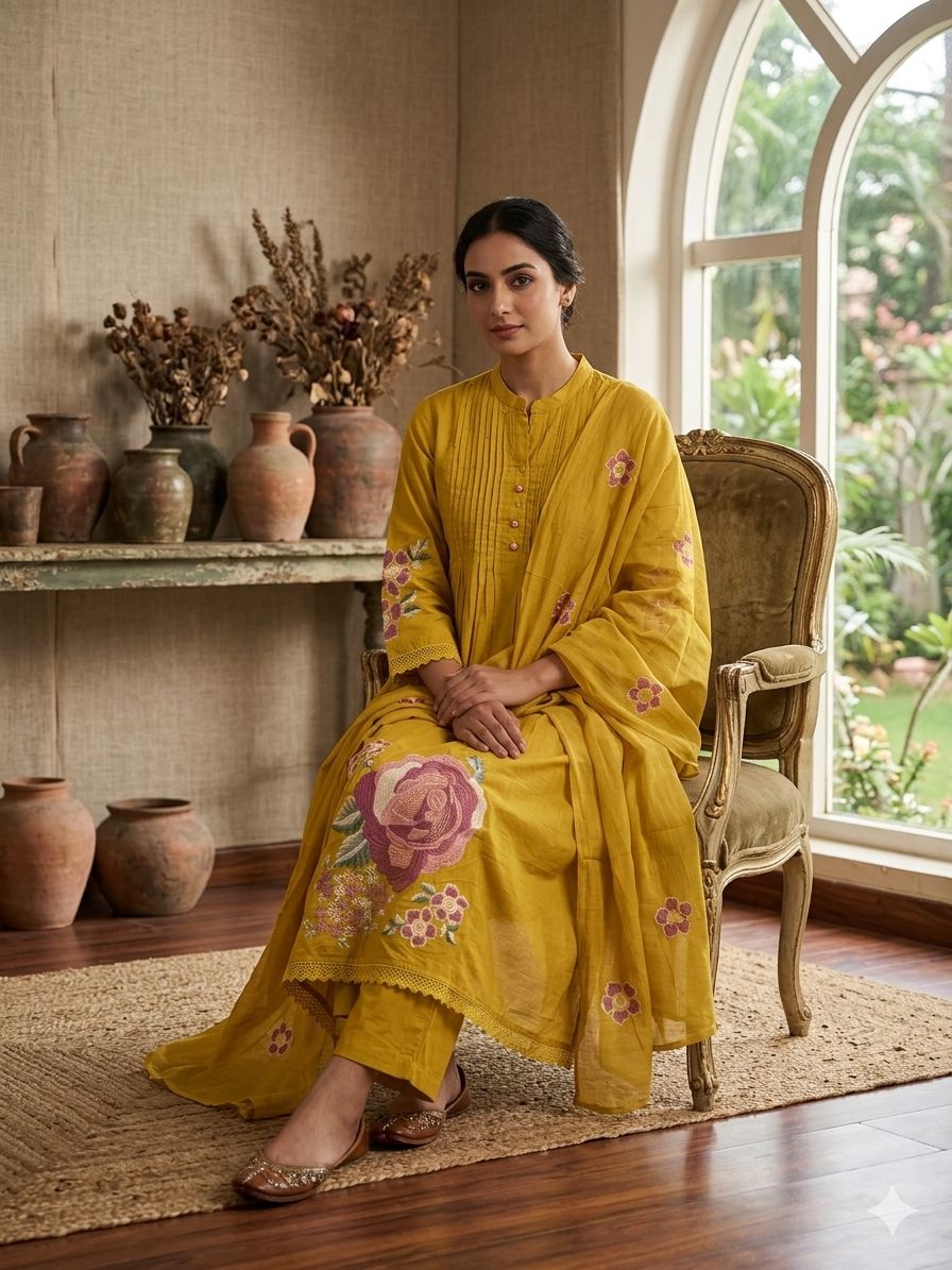Cotton Suit Set with Embroidery lace work