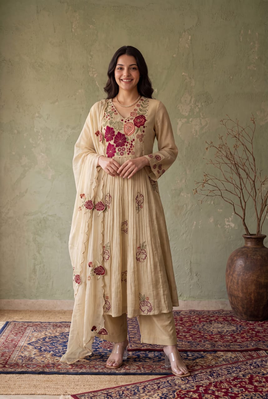 Mulmul Chanderi Festival Wear Suit with Lining & Cut Work Dupatta | 3-Pcs Set