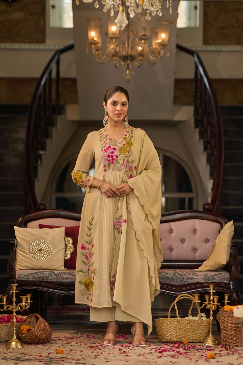 Mulmul Chanderi Festival Wear Suit with Lining & Cut Work Dupatta | 3-Pcs Set