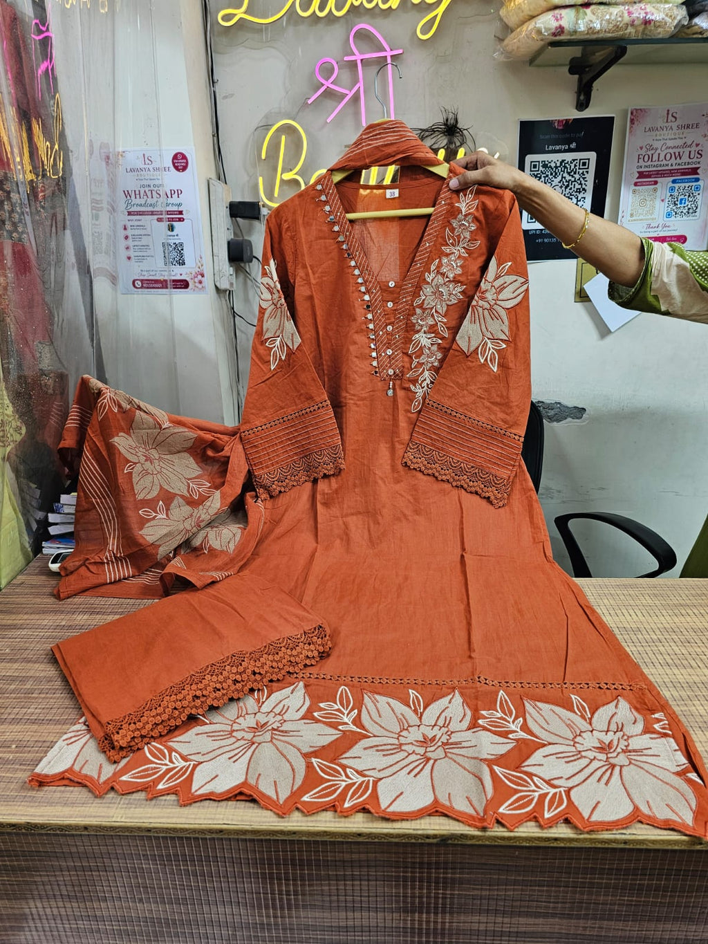 Premium Cotton Embroidered Suit Set with Elegant Lace Work