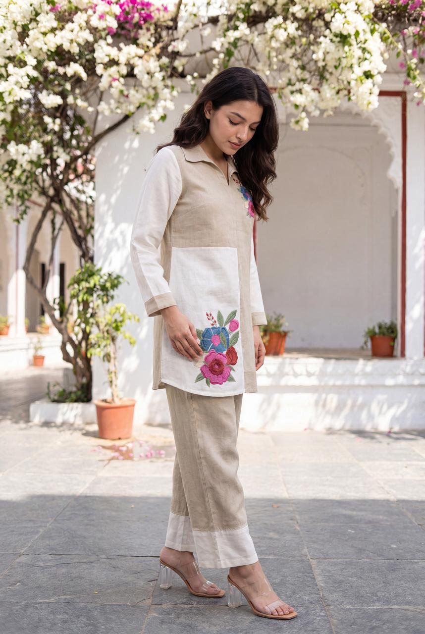 Beige Floral Embroidered Co-ord Set