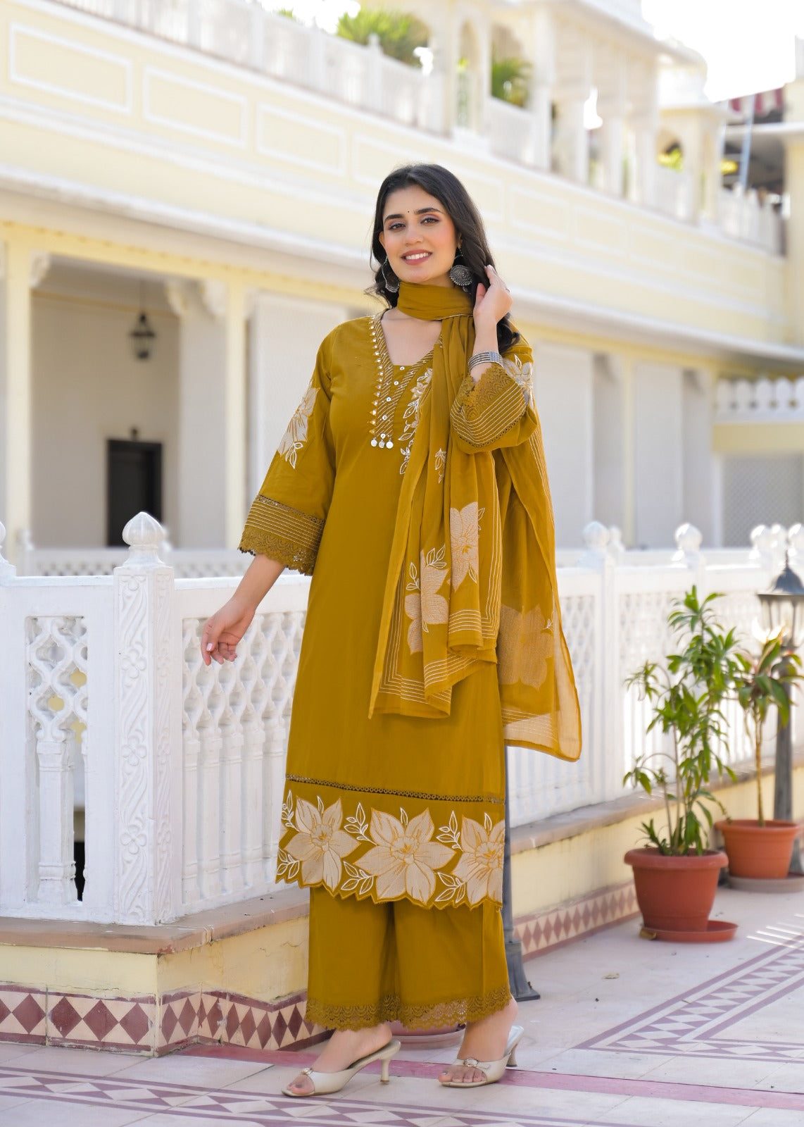Premium Cotton Embroidered Suit Set with Elegant Lace Work