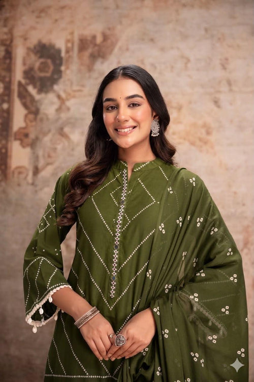 Cotton Bandhani Farshi Salwar Suit with Lace &amp; Shell Work | Matching Mulmul Dupatta | 3-Pcs Set