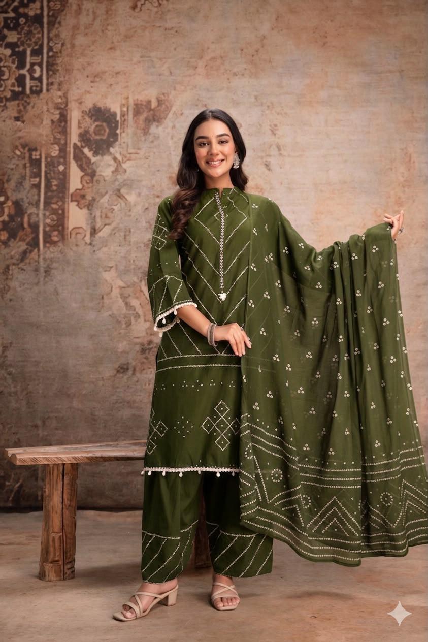Cotton Bandhani Farshi Salwar Suit with Lace &amp; Shell Work | Matching Mulmul Dupatta | 3-Pcs Set