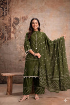 Cotton Bandhani Farshi Salwar Suit with Lace &amp; Shell Work | Matching Mulmul Dupatta | 3-Pcs Set