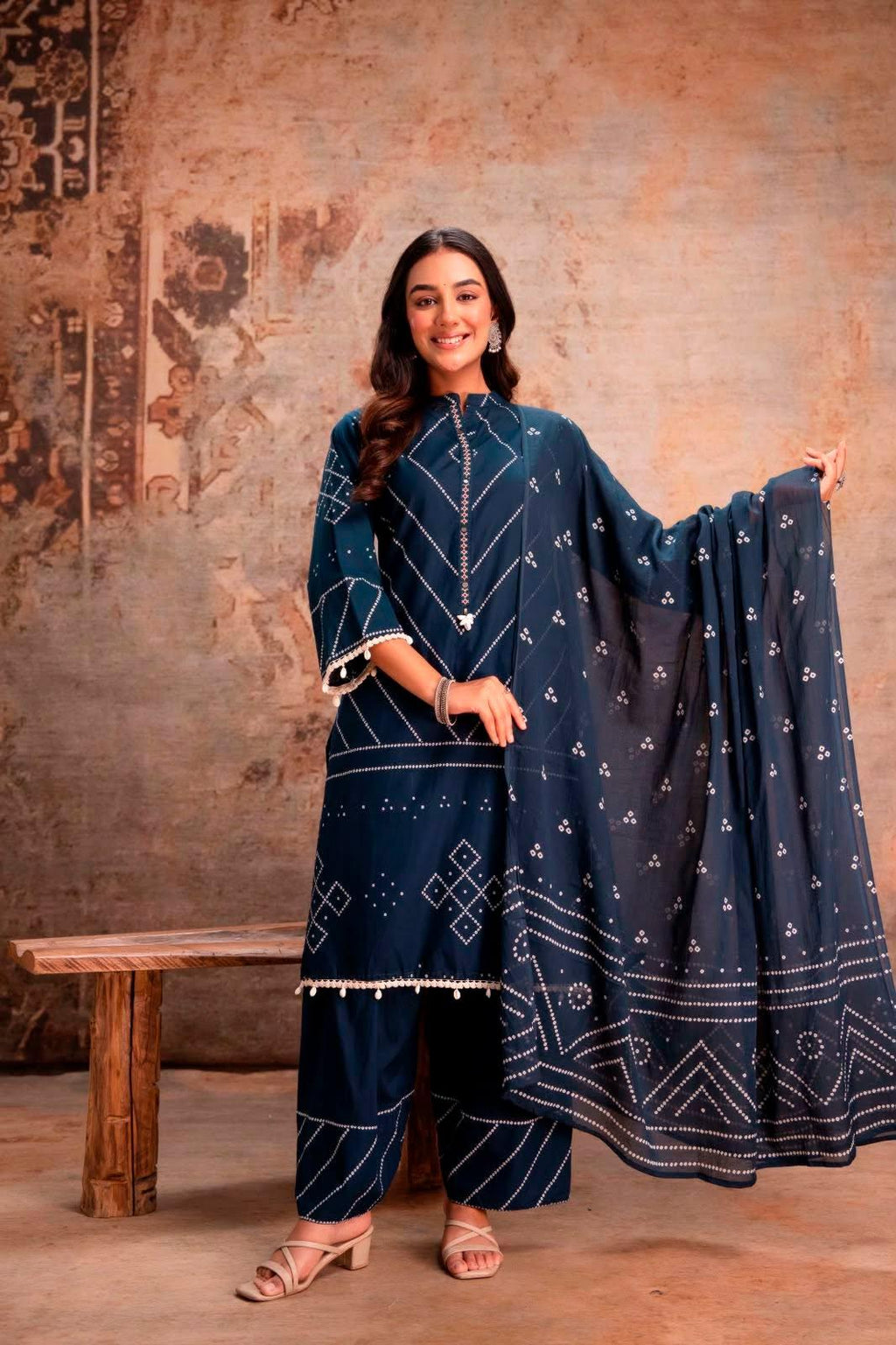Cotton Bandhani Farshi Salwar Suit with Lace &amp; Shell Work | Matching Mulmul Dupatta | 3-Pcs Set