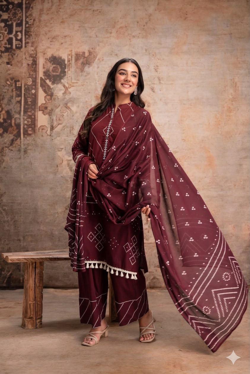 Cotton Bandhani Farshi Salwar Suit with Lace &amp; Shell Work | Matching Mulmul Dupatta | 3-Pcs Set