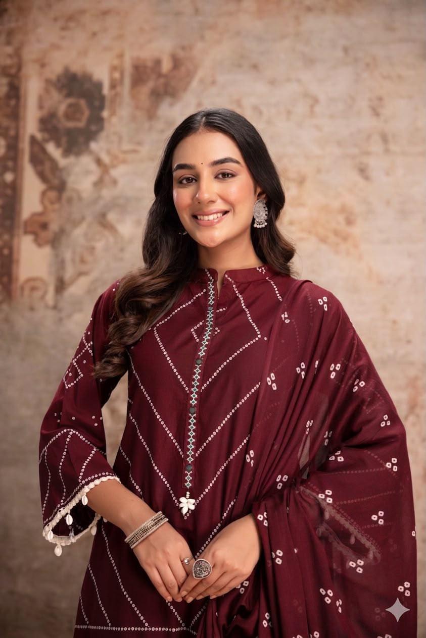 Cotton Bandhani Farshi Salwar Suit with Lace &amp; Shell Work | Matching Mulmul Dupatta | 3-Pcs Set