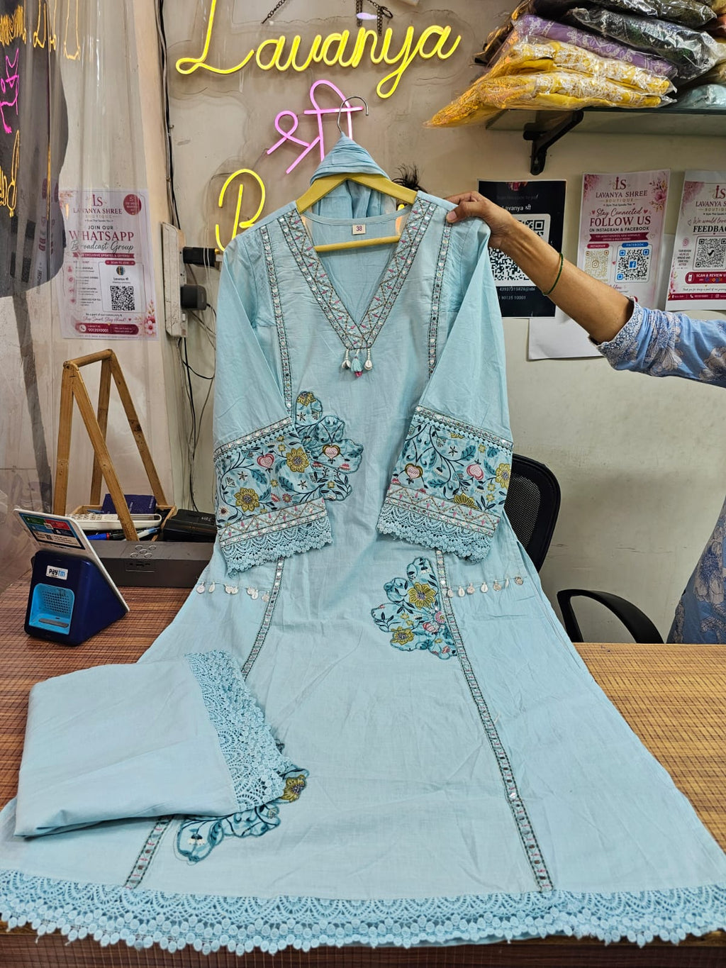 Cotton 3-Piece Straight Suit | Lace, Shell & Applique work