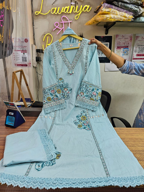 Cotton 3-Piece Straight Suit | Lace, Shell & Applique work