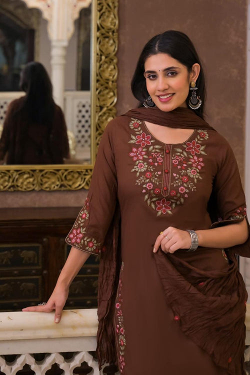 Cotton 3-Piece Straight Suit | Neck & Embroidery Detailing