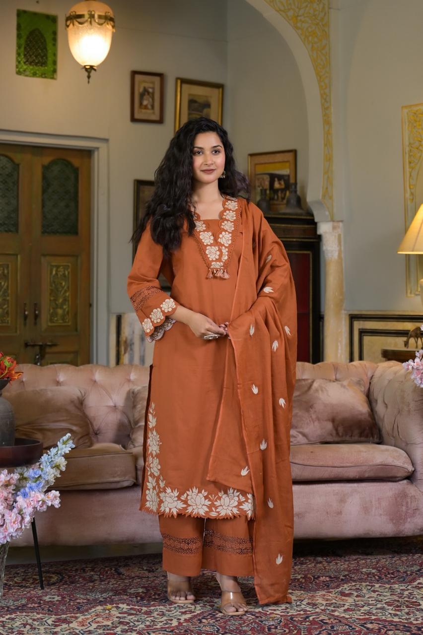Premium Cotton Embroidered Suit Set with Elegant Lace Work