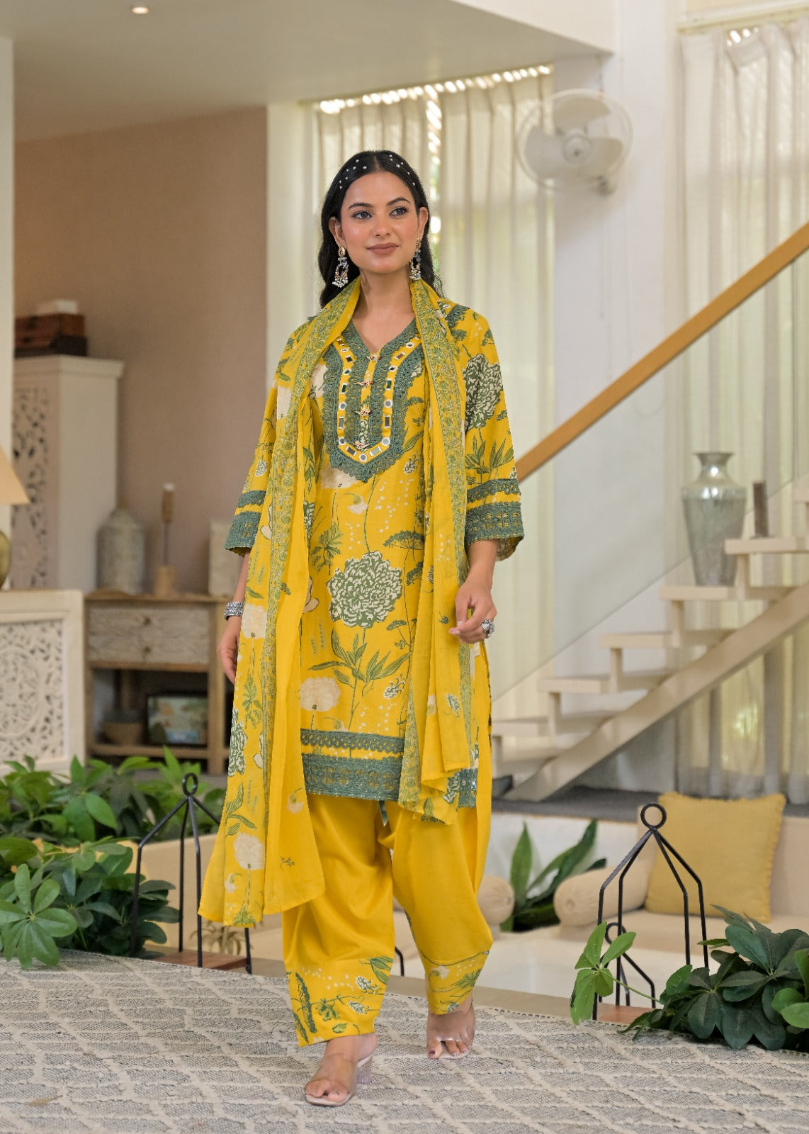 Yellow floral printed salwar suit with dupatta – front standing view