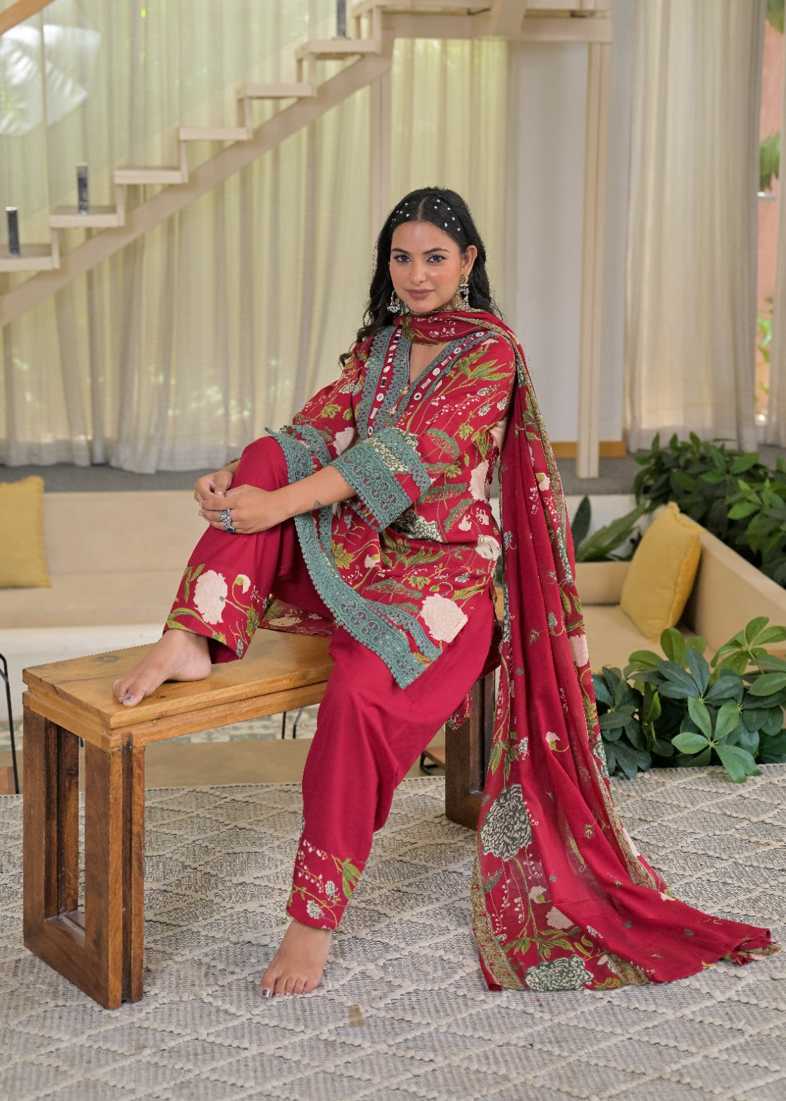 Yellow floral salwar suit – walking pose with dupatta