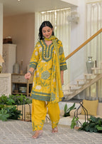 Yellow floral salwar suit – close-up mirror work neckline