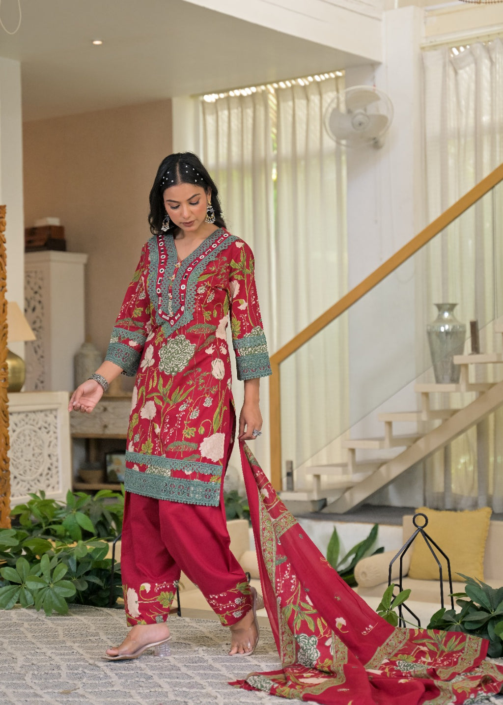 Yellow floral salwar suit with teal lace trim – full front pose