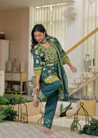 Green floral printed salwar suit with dupatta – front standing view