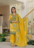 Green teal floral salwar suit with mustard lace trim – full front pose