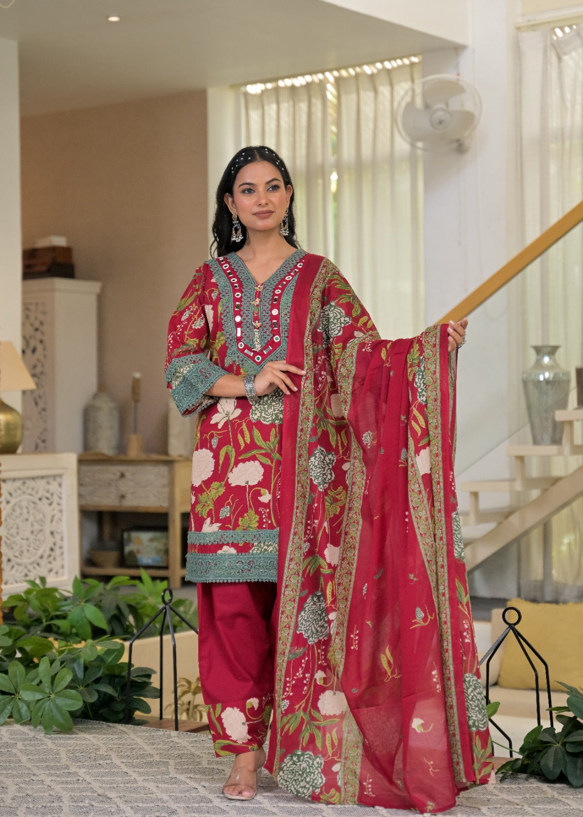 Red floral salwar suit – close-up mirror work neckline