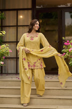 Yellow mustard farshi salwar suit with embroidered dupatta – standing pose