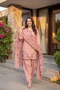 Pink peach farshi salwar suit with embroidered dupatta – walking pose