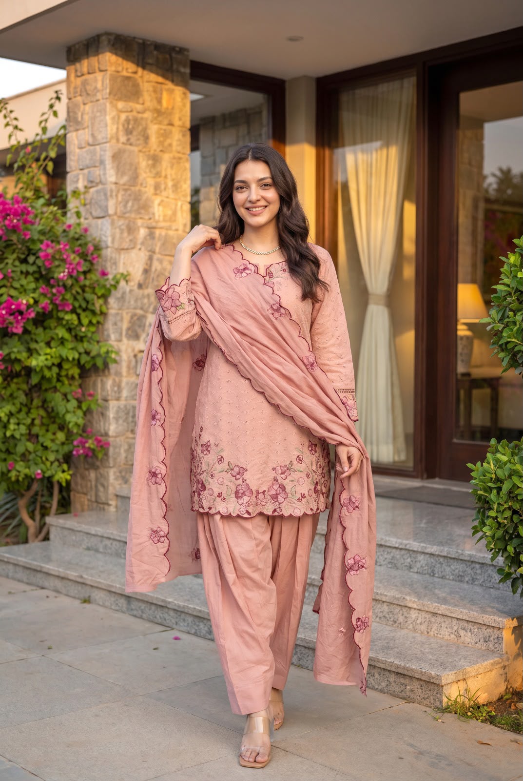 Pink peach farshi salwar suit with embroidered dupatta – walking pose
