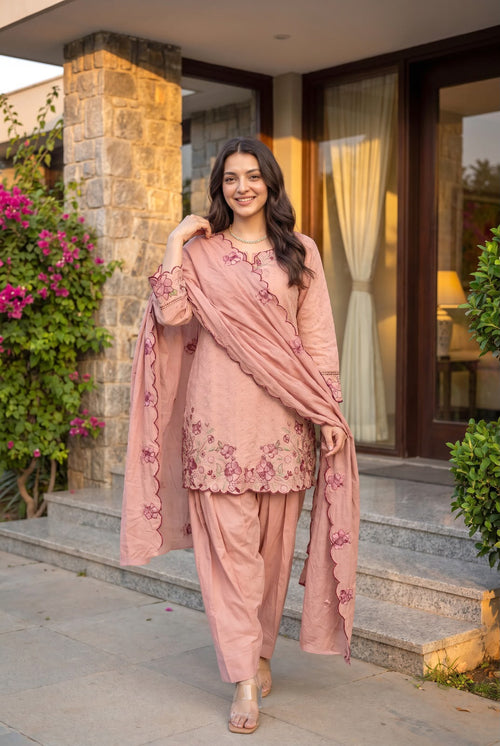 Pink peach farshi salwar suit with embroidered dupatta – walking pose