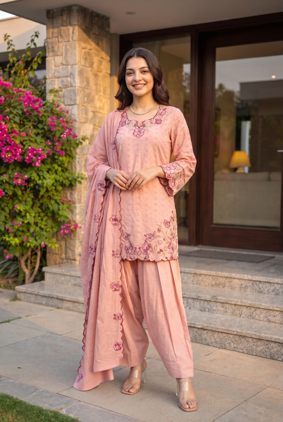 Pink peach farshi salwar suit – full front standing pose with dupatta